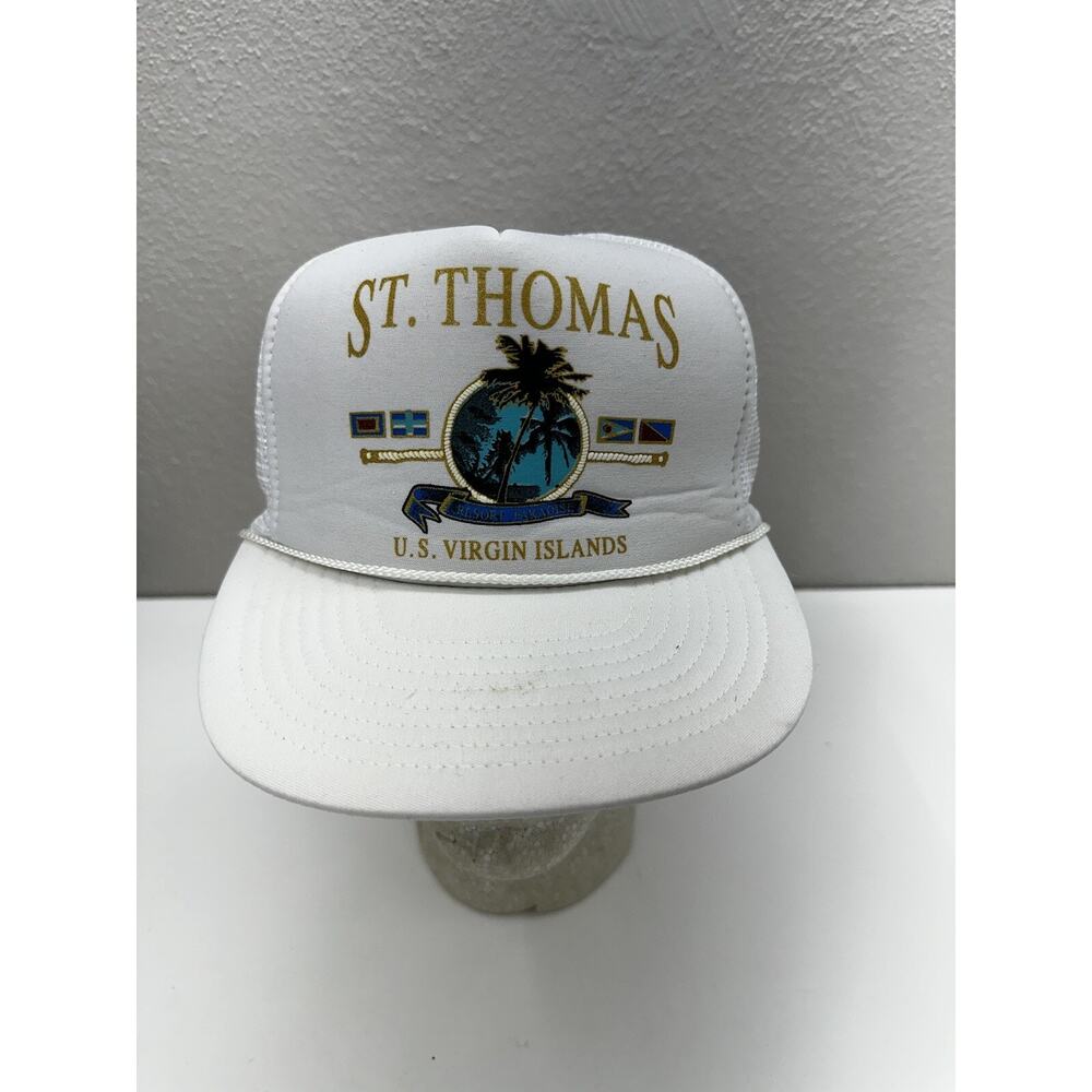 Nissin Cap Snapback Hat St. Thomas U.S Virgin Islands White Adjustable Cap VTG